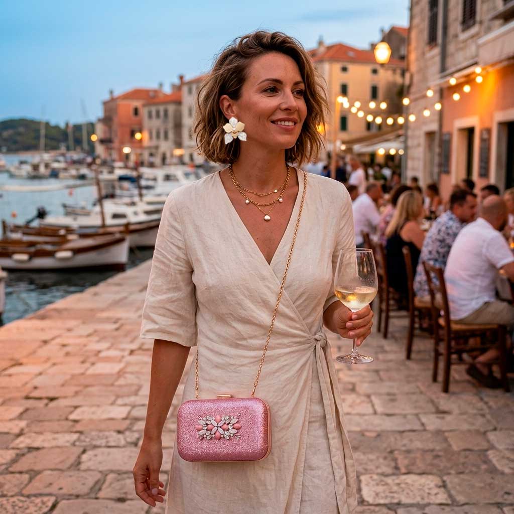 Look noches de verano con vestido beige, pendientes maxi Orquídea nacarada y bolso joya rosa palo de Lara Garabatea. Outfit informal con vestido de lino beige claro y bolso de fiesta rosa claro con pedrería. Bolsos para invitada de edición limitada, elegantes y que podrás seguir utilizando tras el evento para combinar con looks de verano.