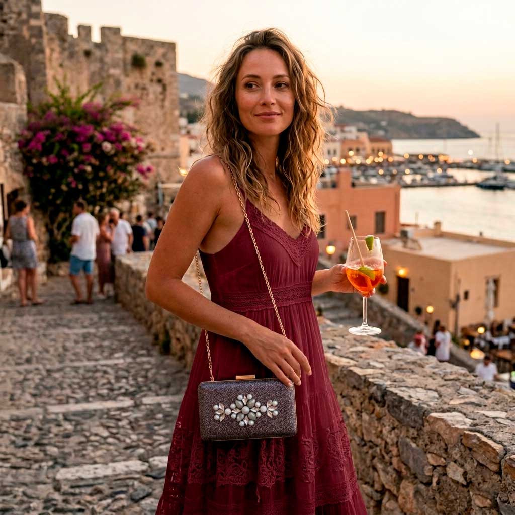 Look de verano con vestido burdeos y bolso de fiesta original gris con pedrería
