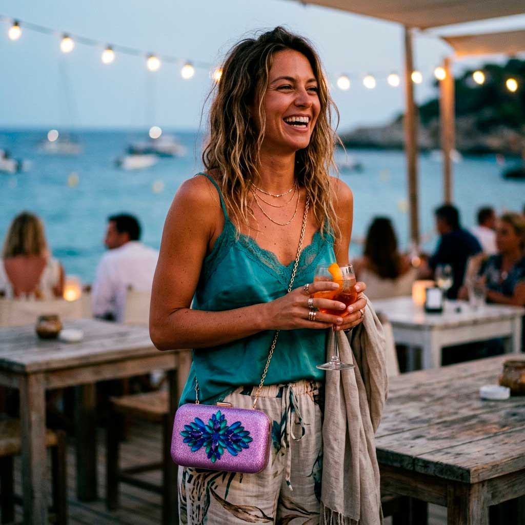 Look casual verano con top lencero verde y bolso lila