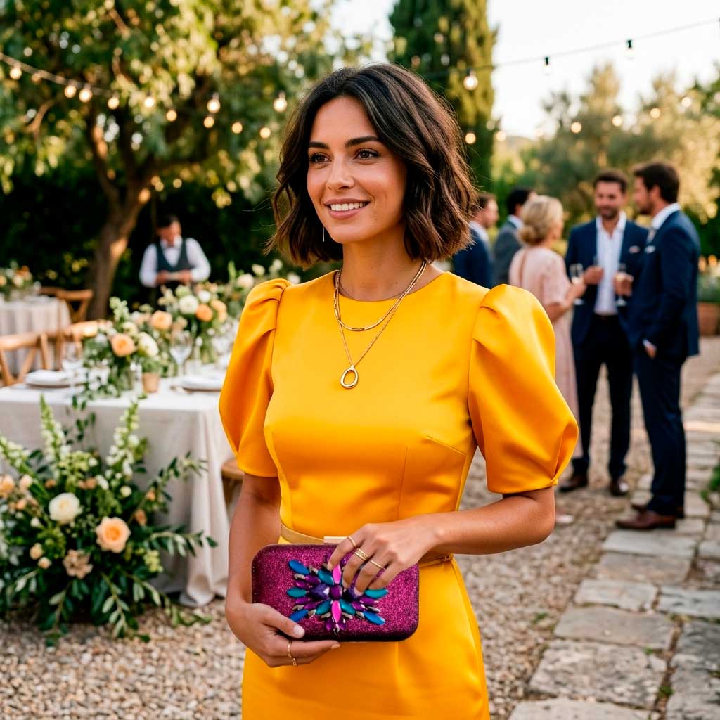 Vestido amarillo con vestido morado