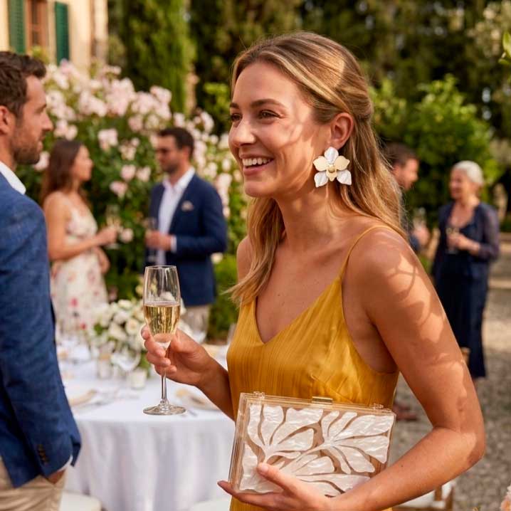 Vestido amarillo con complementos blanco nacarado