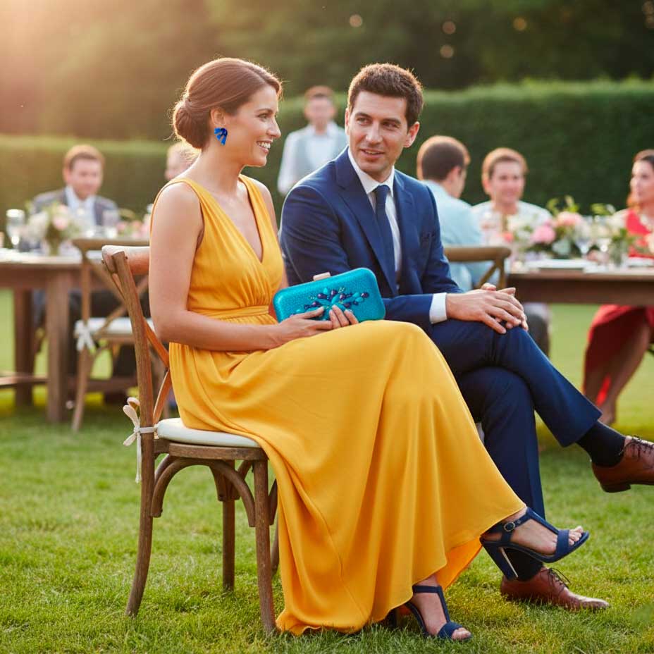 Combinar vestido amarillo con bolso azul y sandalias azules