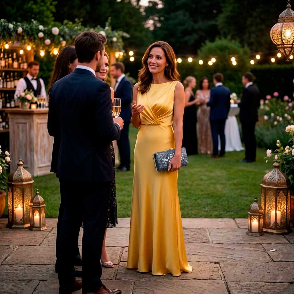 Vestido amarillo con bolso joya gris