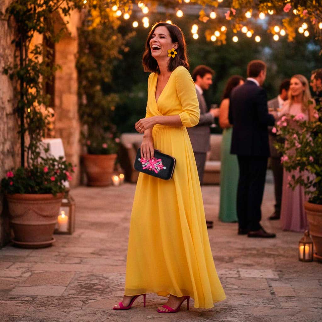 Vestido amarillo combinado con fucsia