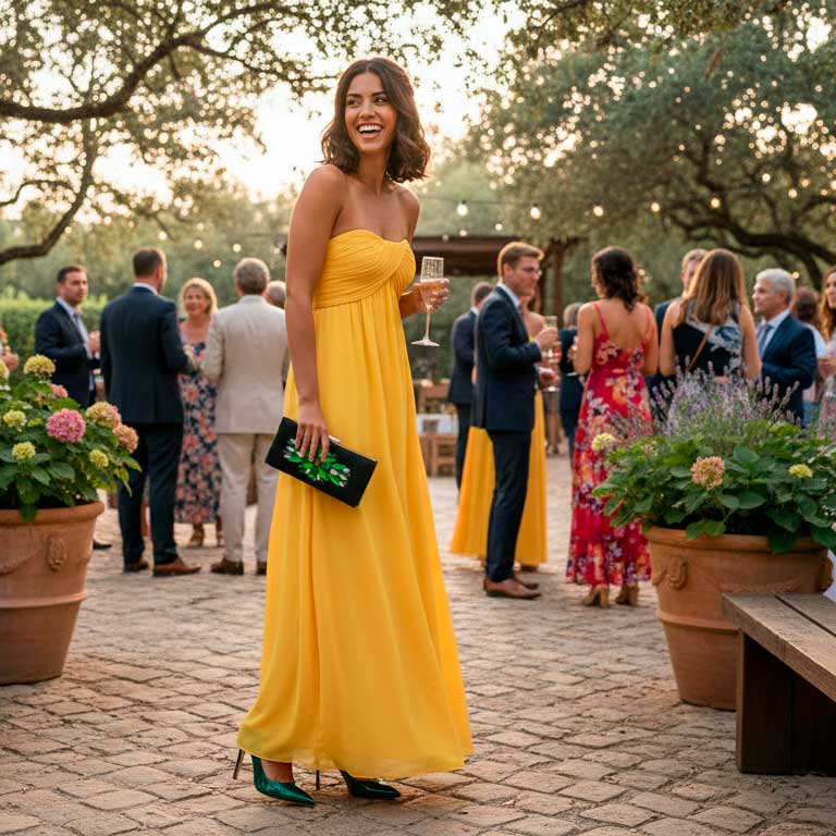 Vestido amarillo con bolso y zapatos verdes