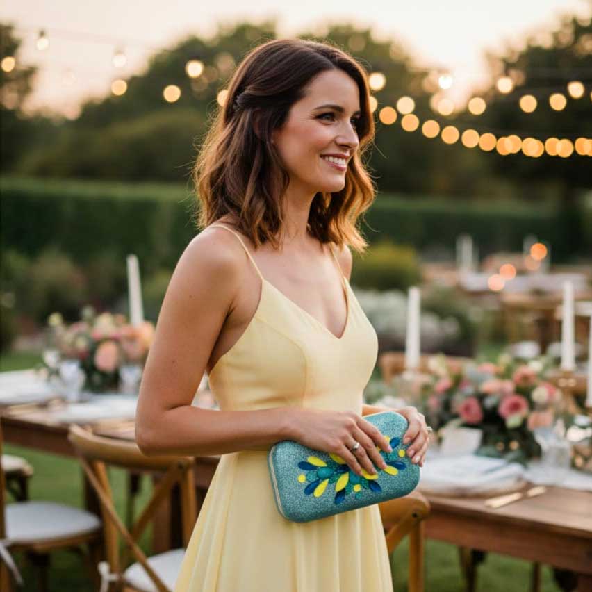 Vestido amarillo pastel combinado con azul