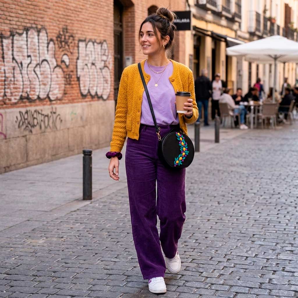 Look casual combinando morado y amarillo