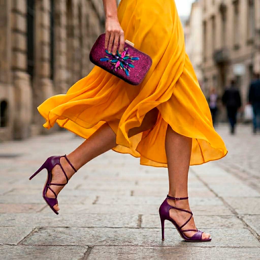 Vestido amarillo con bolso joya color buganvilla