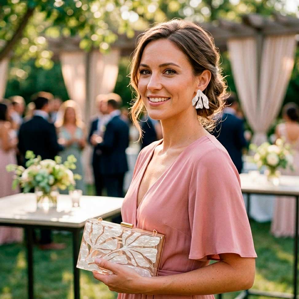 Vestido rosa palo combinado con bolso blanco nacarado