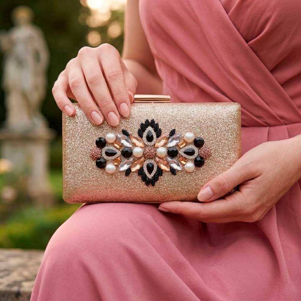 Bolso joya dorado con vestido rosa palo