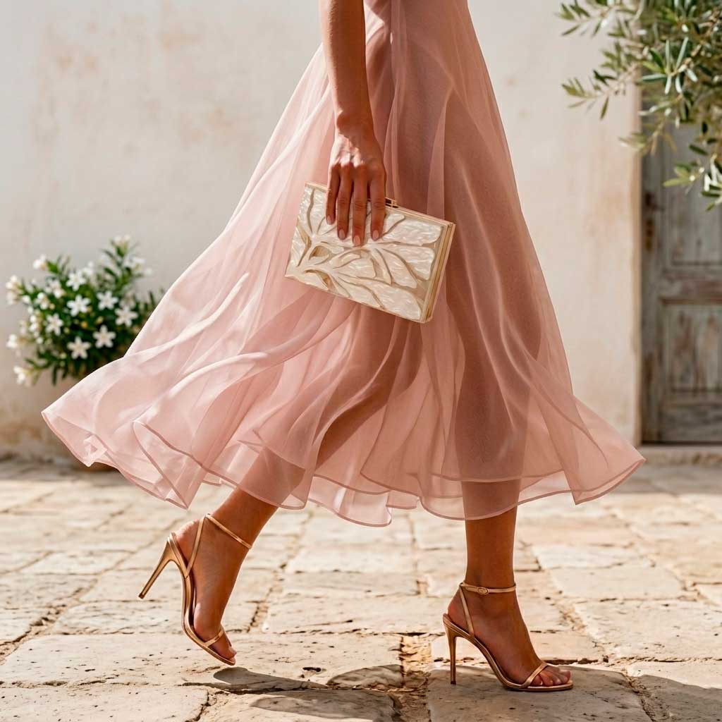 Bolso blanco nacarado El Magnolio con vestido rosa palo