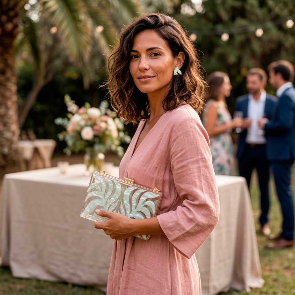 Vestido rosa palo combinado con bolso verde de invitada
