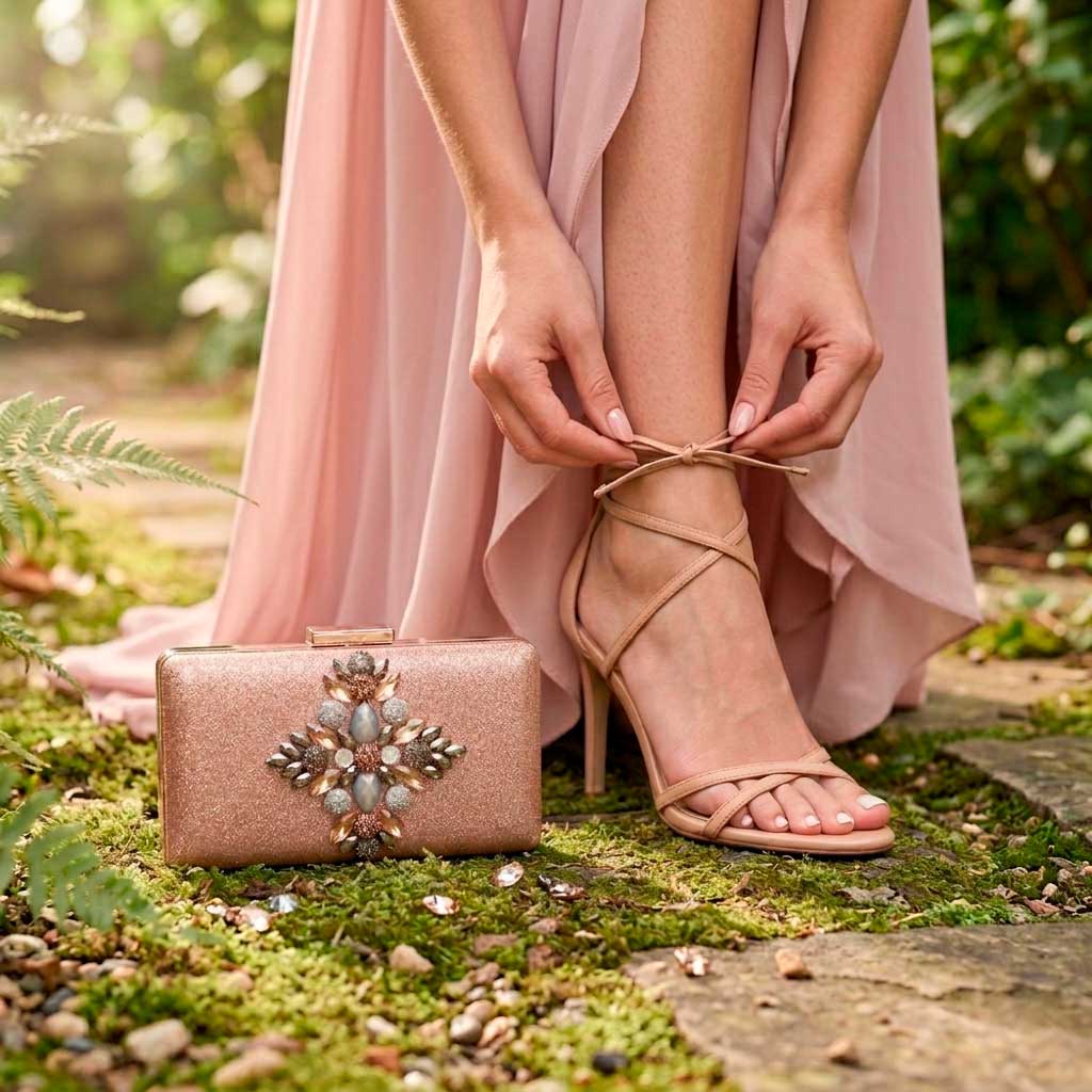 Bolso joya dorado con vestido rosa palo