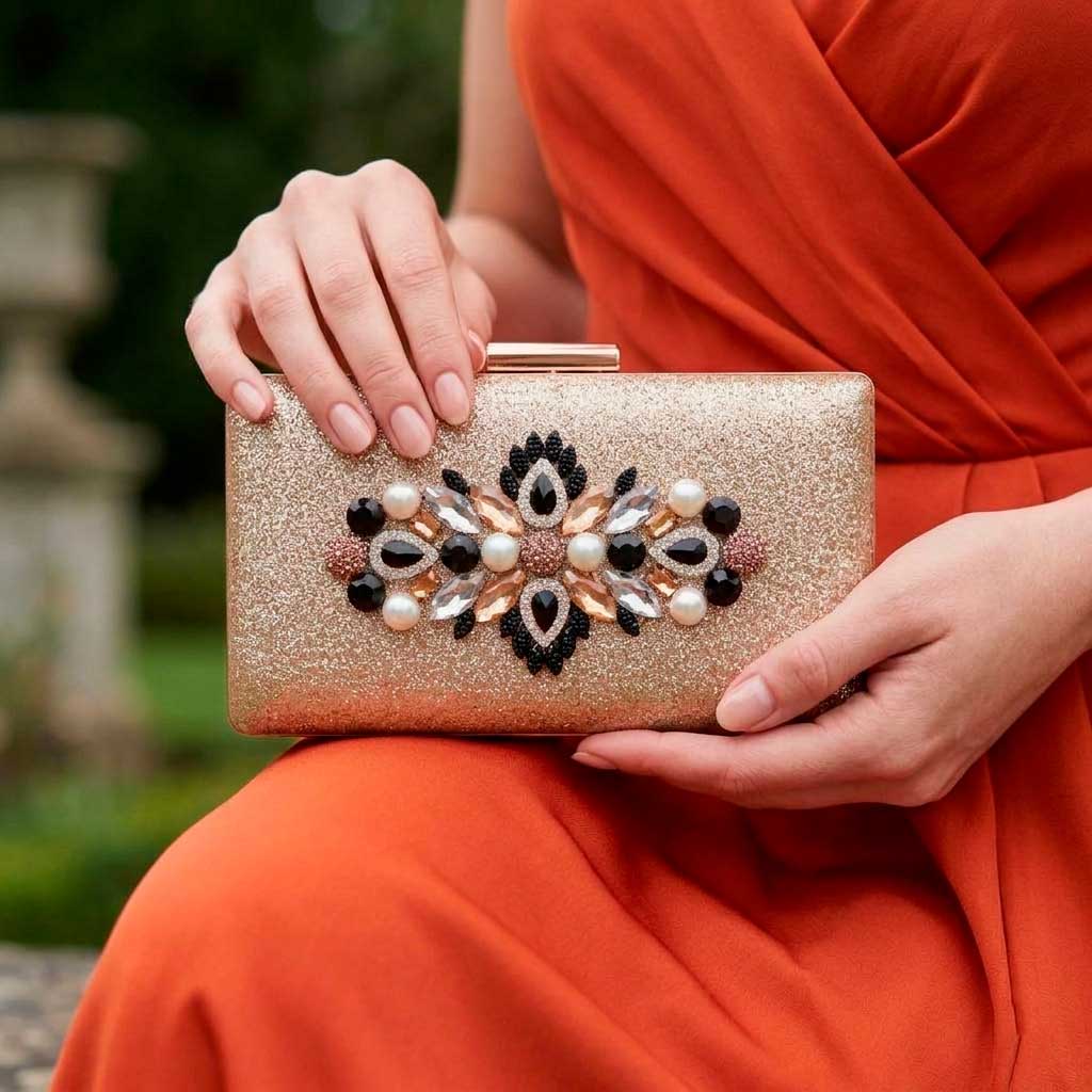 Vestido naranja y bolso joya dorado