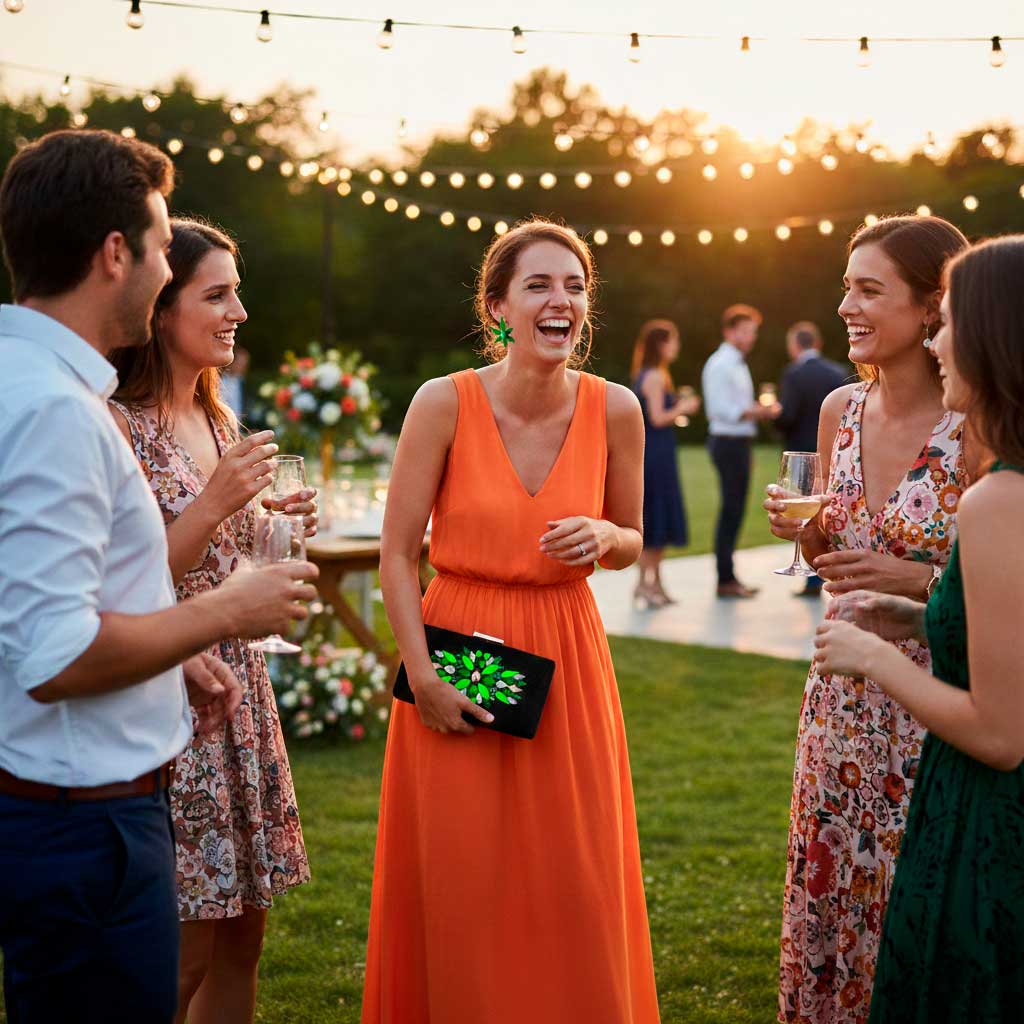 Vestido naranja combinado con verde