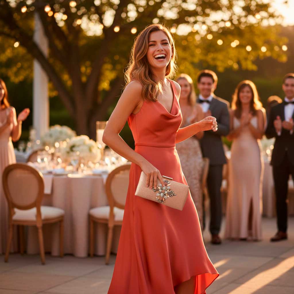 Combinar vestido naranja de invitada con complementos dorados