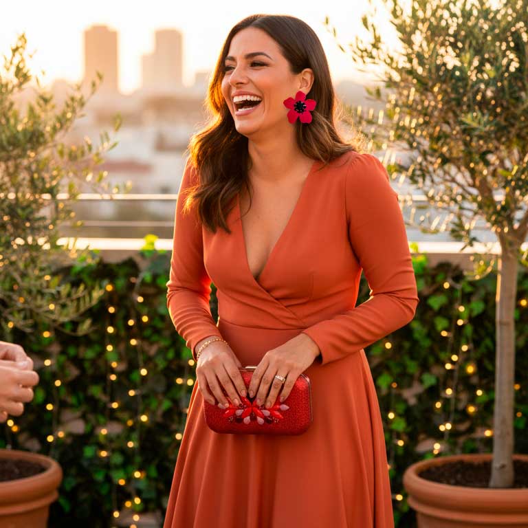 Combinar vestido naranja de invitada con bolso joya rojo