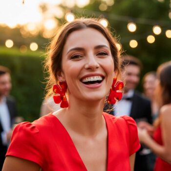 Maxi Pendientes Rojos con vestido rojo