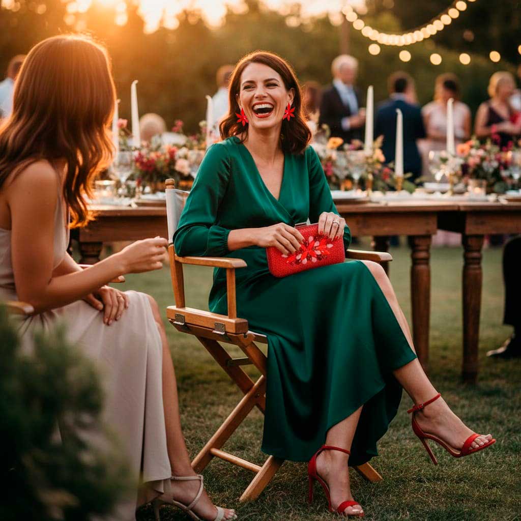 Vestido verde oscuro con complementos rojos