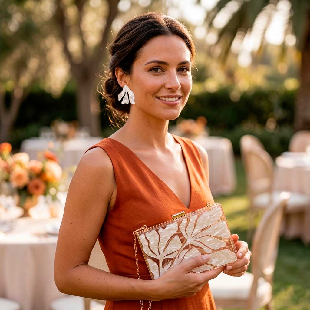 Vestido naranja con pendientes blanco nacarado