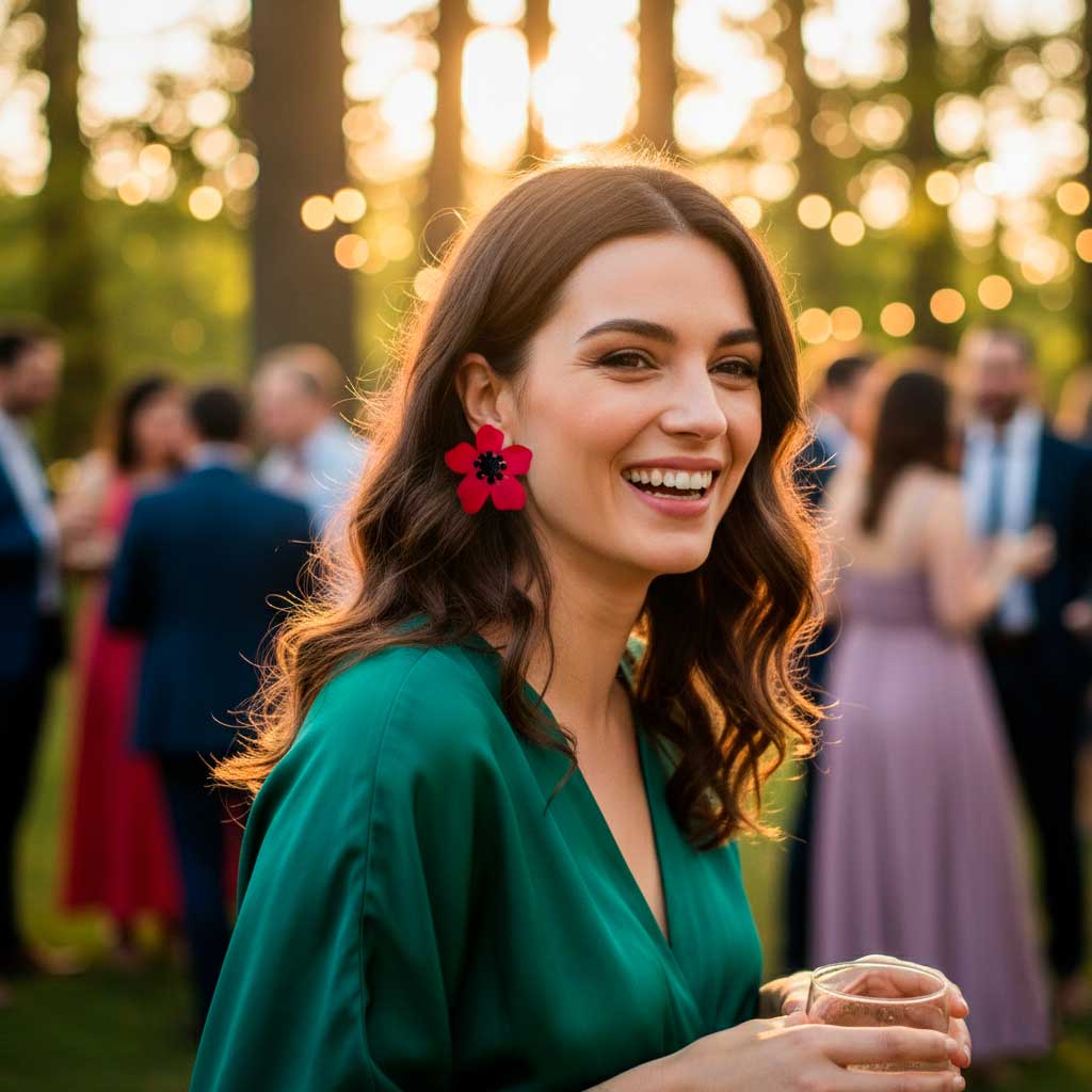 Pendientes Amapola con vestido verde