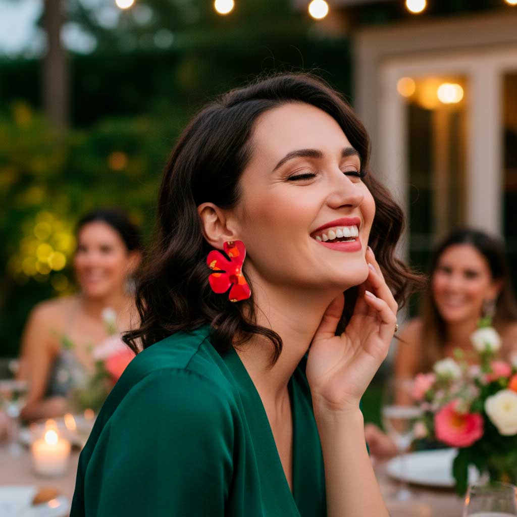 Pendientes rojos con vestido verde