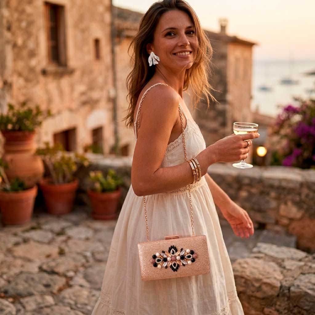 Look mediterraneo veraniego con vestido casual color crudo y bolso joya dorado. Lara Garabatea bolsos de fiesta para invitadas que podrás seguir usando tras el evento para tus looks informales de verano.