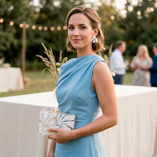 Vestido celeste con bolso y pendientes blancos