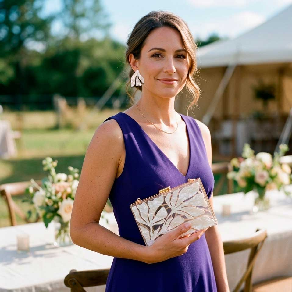 Vestido morado con bolso y pendientes de fiesta marfil