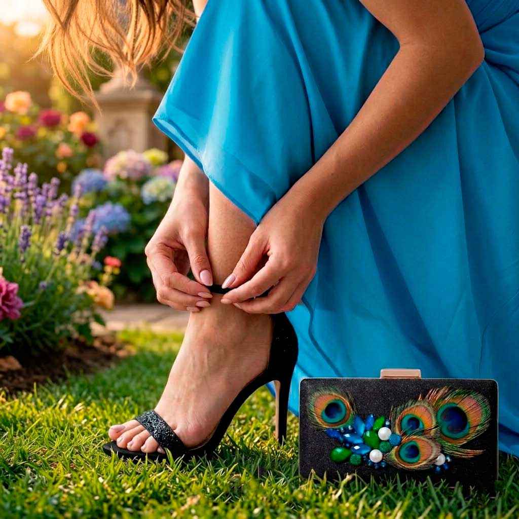 Bolso joya plumas con vestido azul celeste