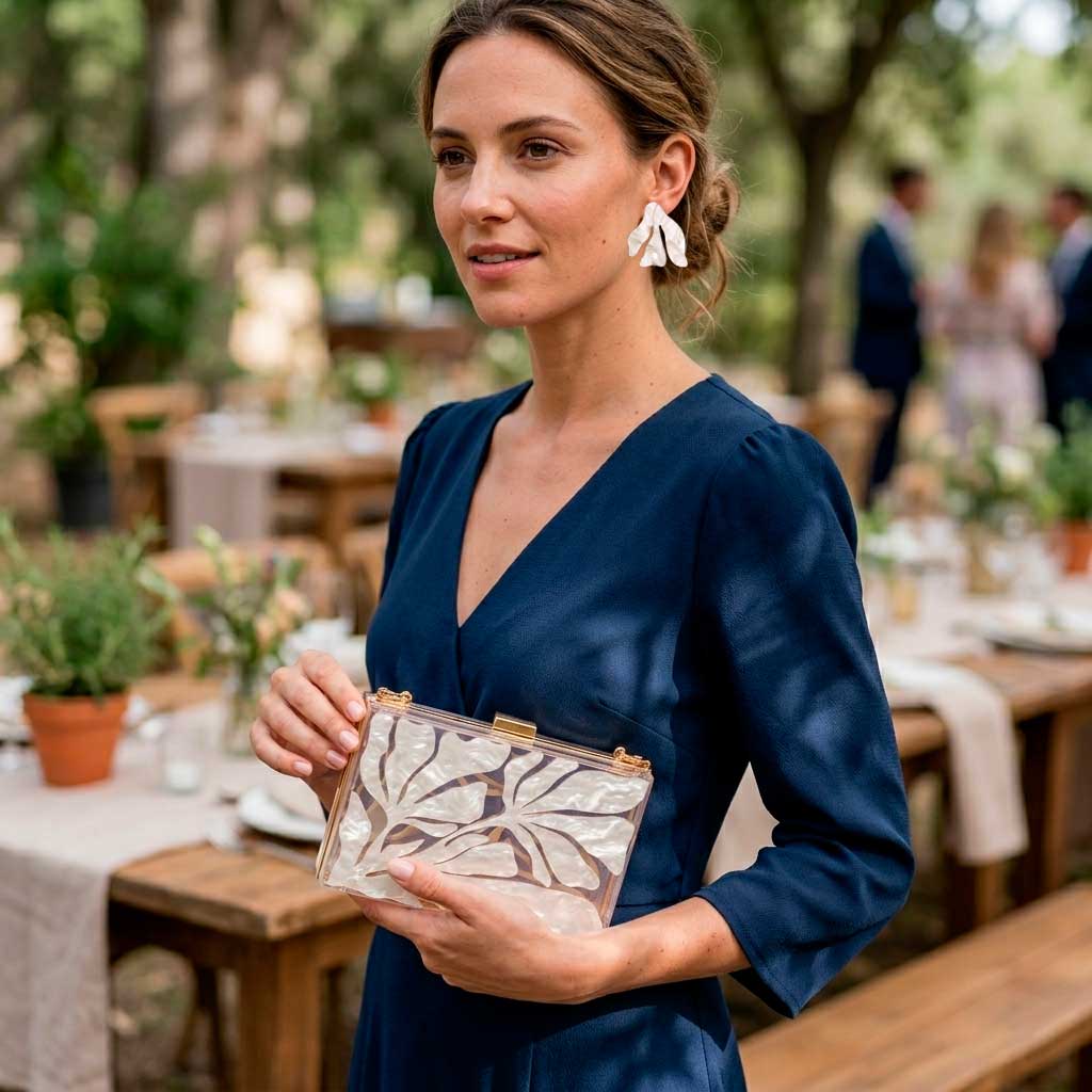 Combinar azul marino con bolso de fiesta blanco nacarado