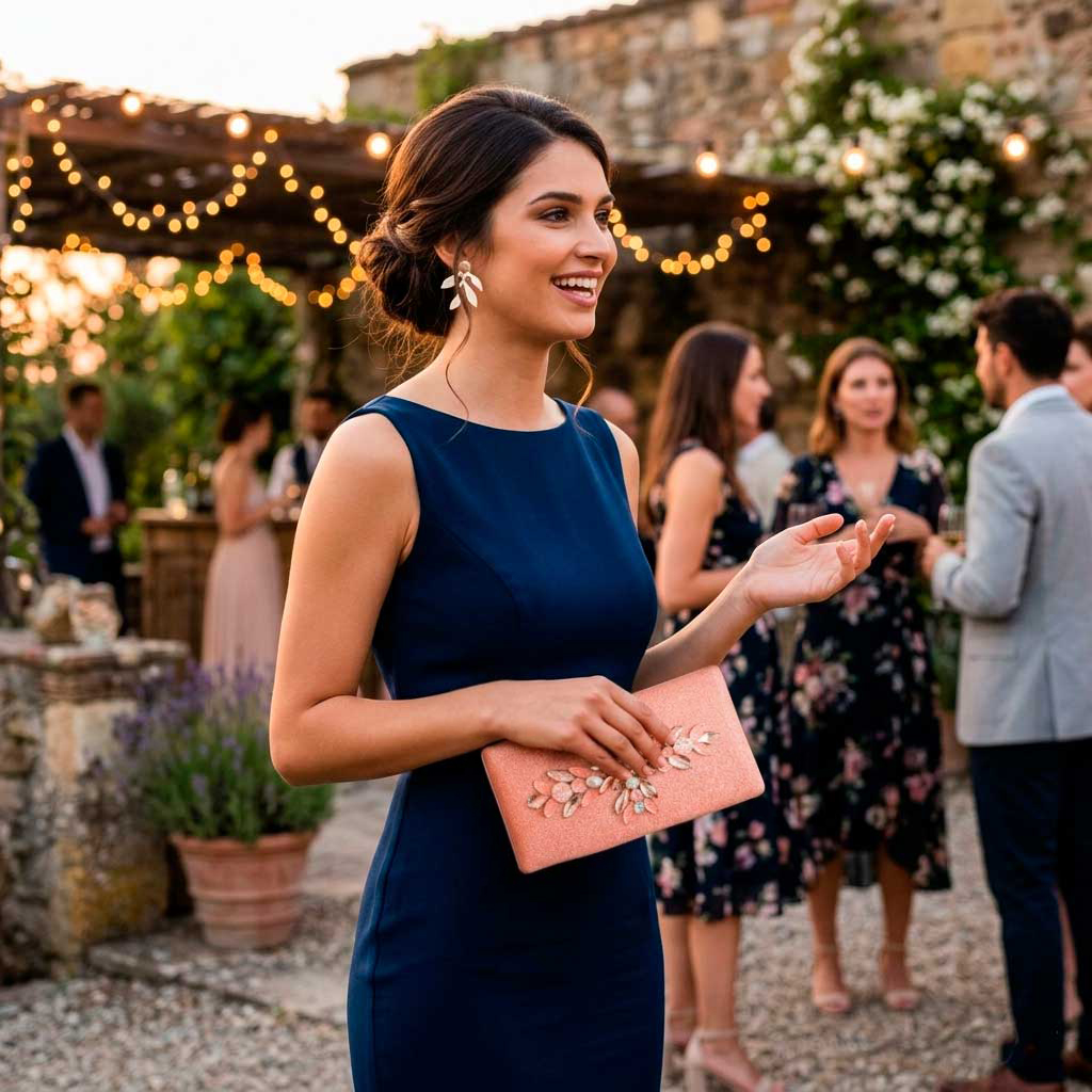 Invitada con vestido azul marino y bolso joya rosa palo