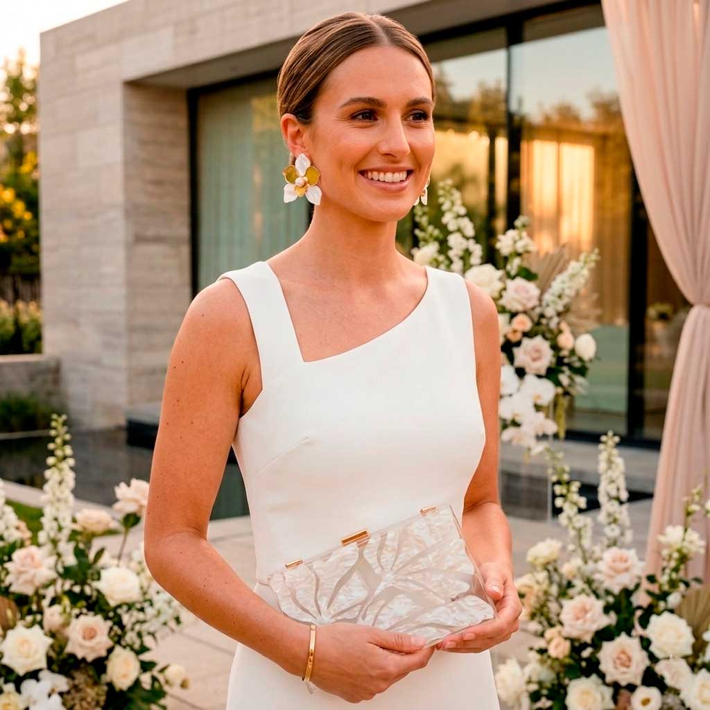 Novia moderna con maxi pendientes y bolso El Magnolio