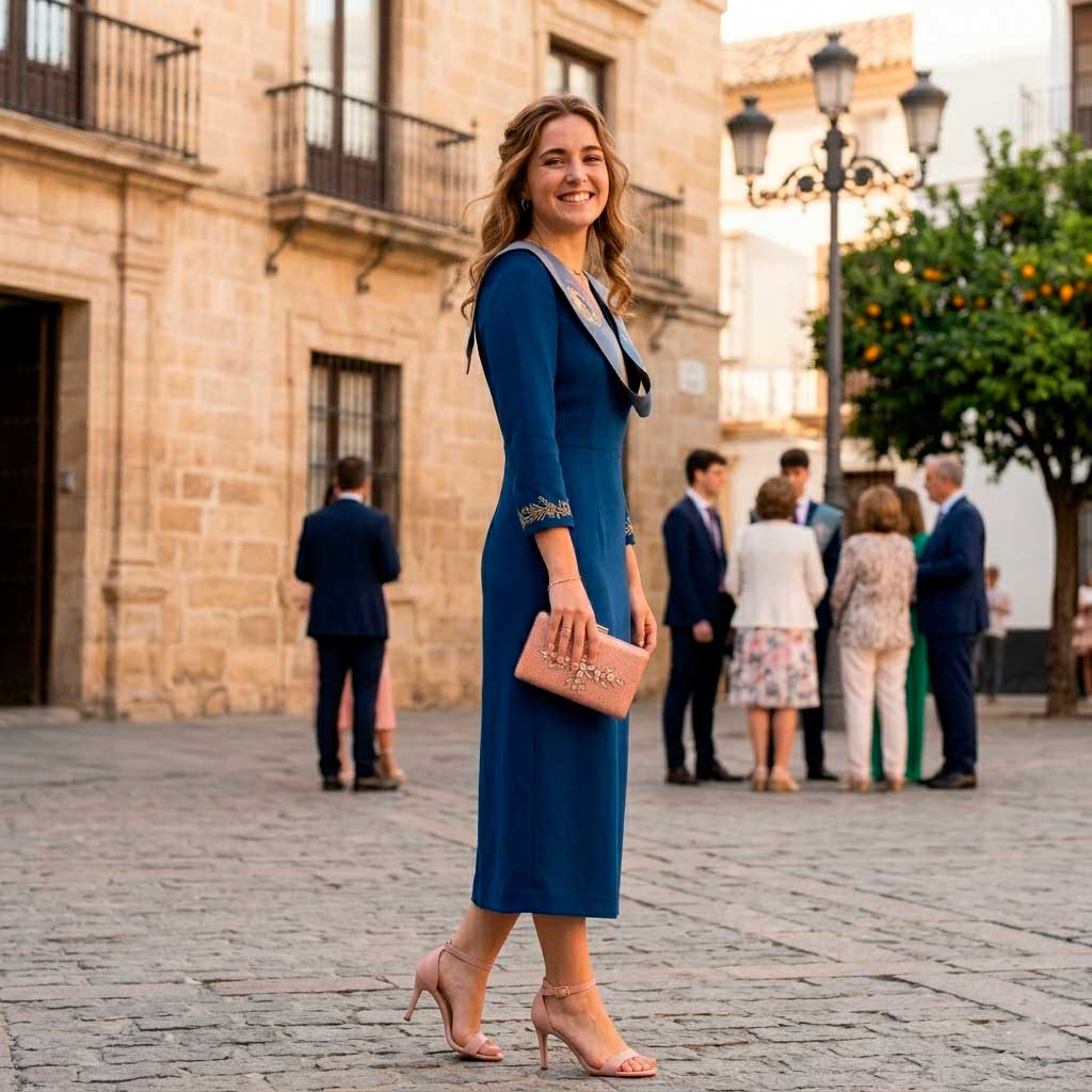 Look de graduación con vestido azul marino y bolso rosa palo
