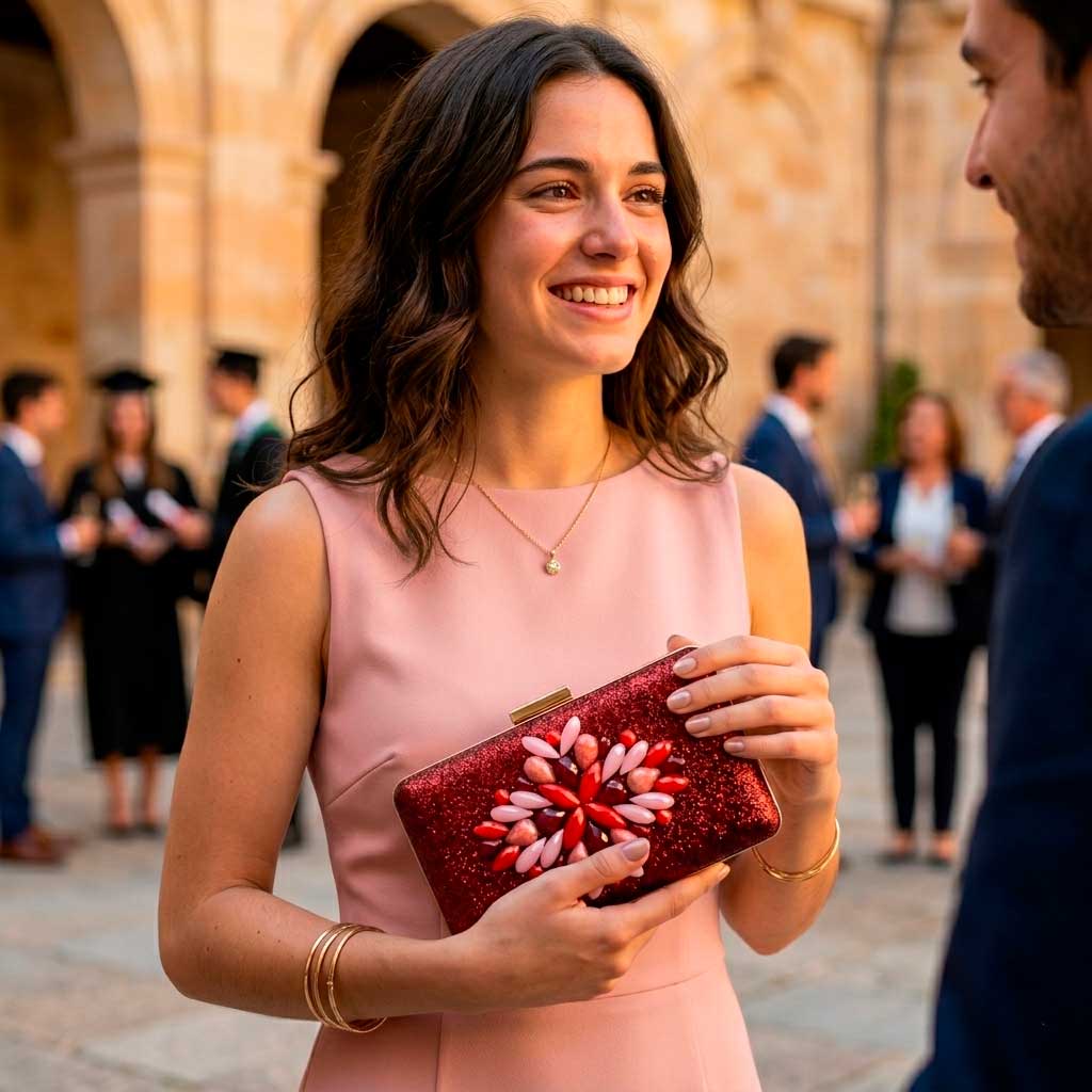 Look de graduación con vestido rosa y bolso rojo de fiesta
