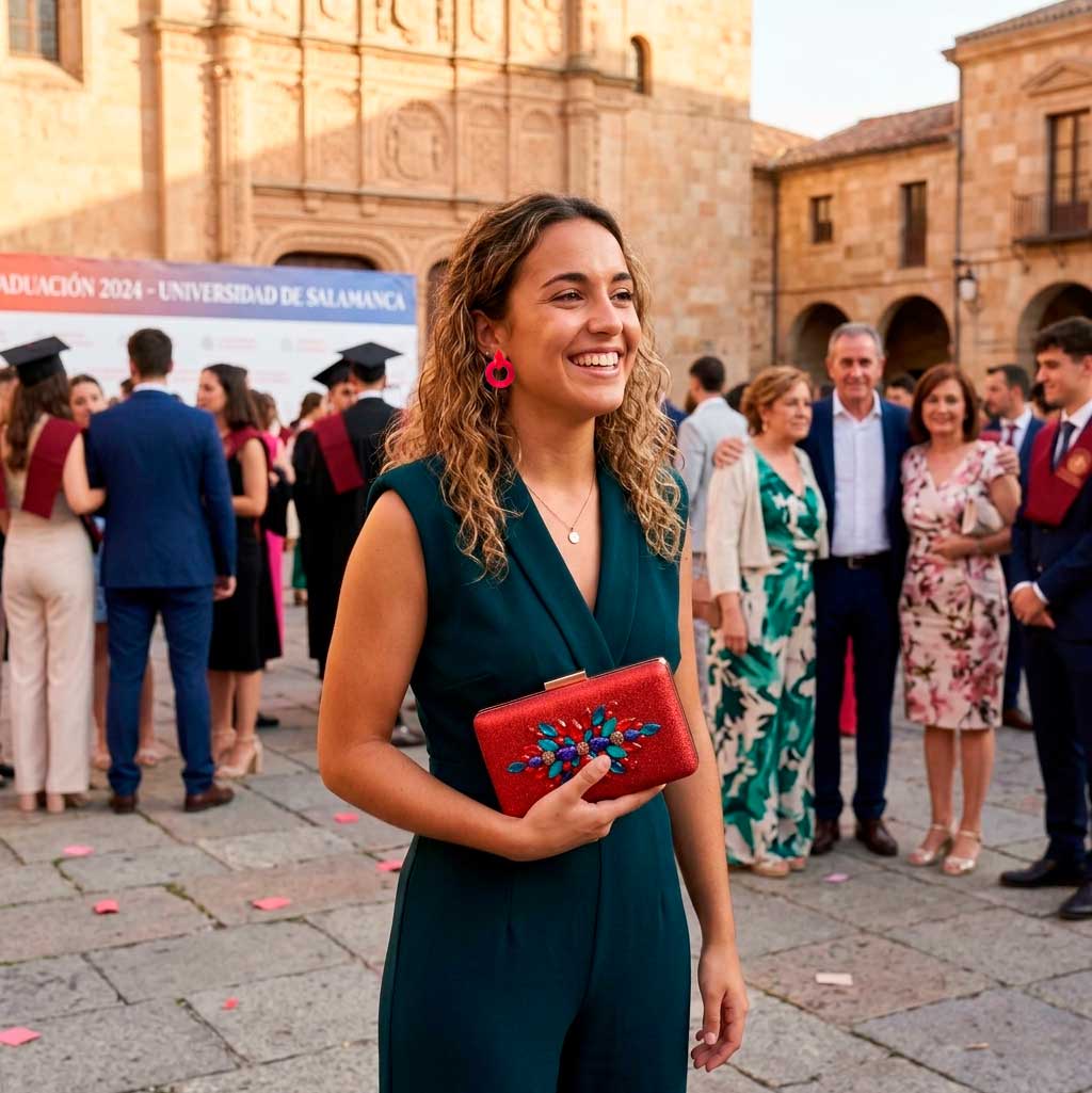 Look de graduación con mono verde botella y bolso joya rojo