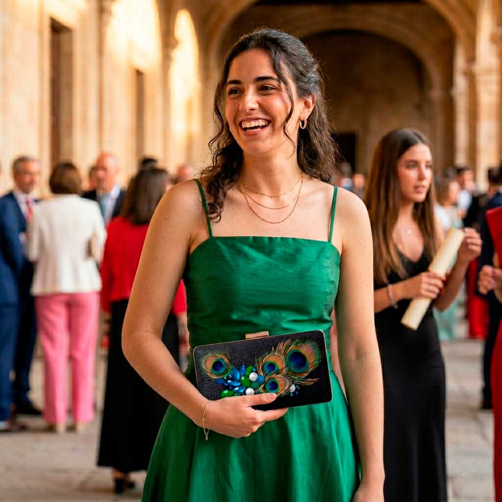 Look de graduación con vestido verde y bolso joya con plumas