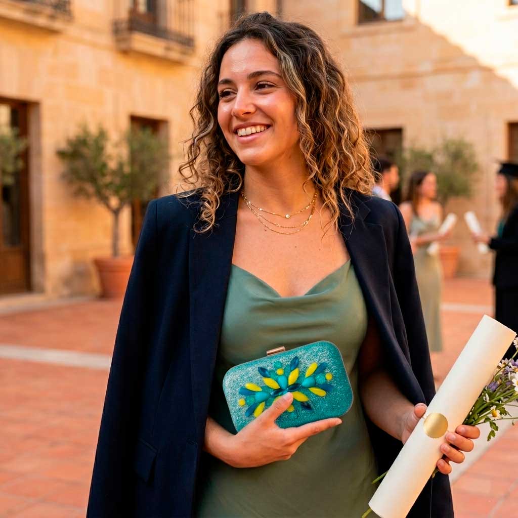 Look graduación con vestido verde y original bolso joya